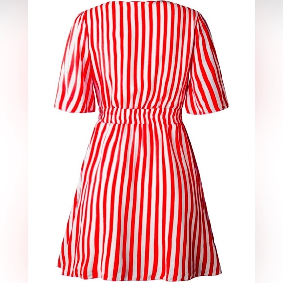 MINI DRESS: Yellow & White V Neck Striped Mini Dress w/Wrap & Ruffle Hem, NWOT - Picture 15 of 16